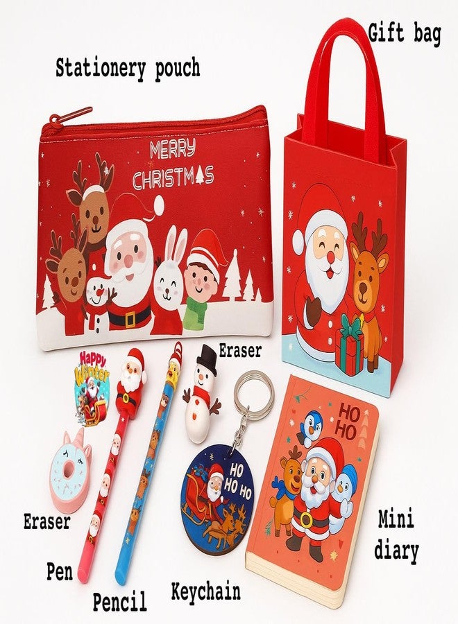GLITREEPROPS Christmas theme return gifts for kids I gift goody bag I 10 in 1 combo set - bag with diary, pen, pencils, erasers ,keychain & stickers | secret santa gift - Image 3